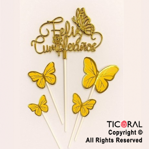 CAKE TOPPER CON 4 MARIPOSAS DORADO Y FELIZ CUMPLEAOS CURSIVA ORO METALIZADO